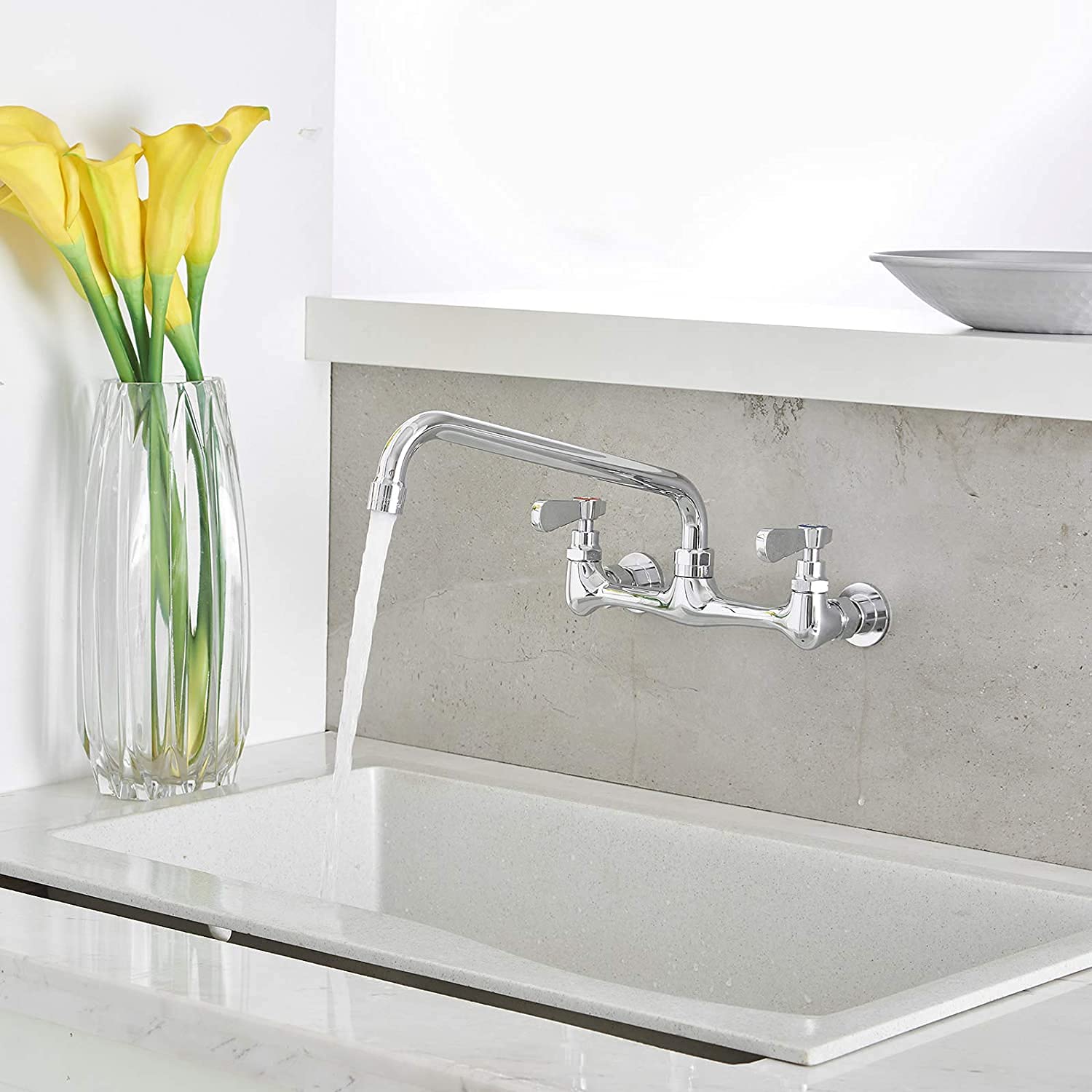 Bathfinesse Commercial Kitchen Faucet, Wall Mount, 12-Inch Swivel Spout, Dual Handle, Chrome Mixer Tap, Heavy Duty Brass Constru
